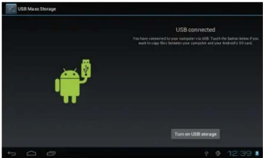 USB Mass Storage USB connected You have connected to your computer via USB. Touch the button below if you want to copy files between your computer and your Android's 3D card. Turn on USB storage