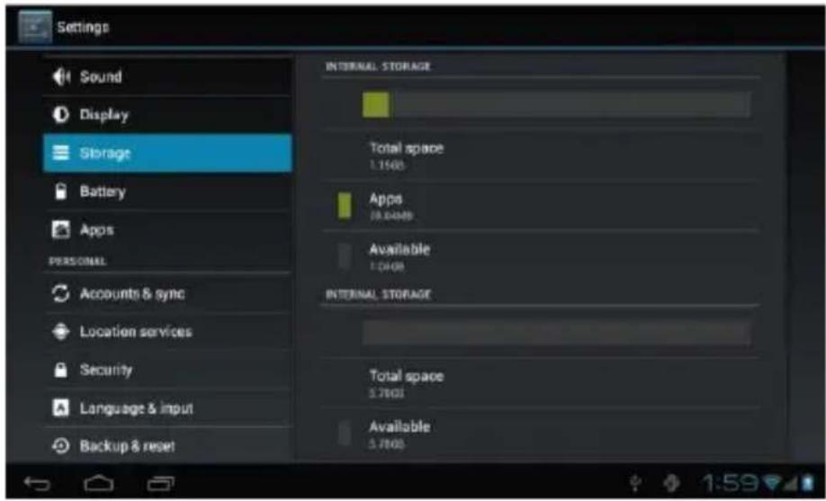 Settings Sound Display Storage Battery Apps PERSONAL Accounts & sync Location services Security Language & input Backup & reset INTERNAL STORAGE Total space 1.1500 Apps 28.6499 Available 1.0408 INTERNAL STORAGE Total space 3.7803 Available 3.7803