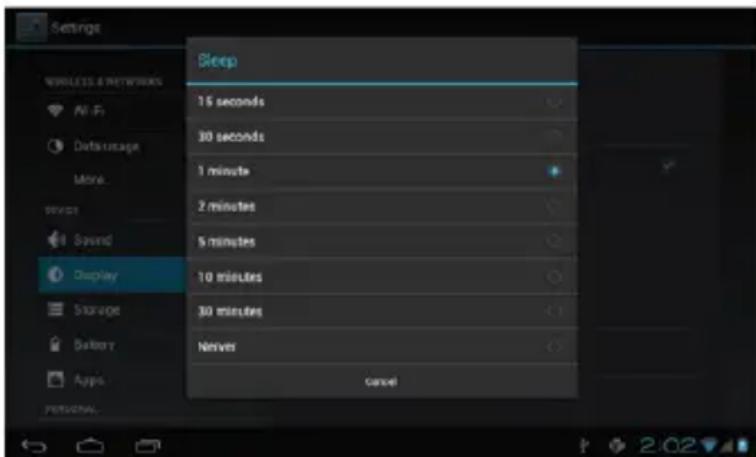 Settings WIRELESS & NETWORKS AI-Fi Data usage Move... Sever Sound Display Storage Battery Apps PERSONAL Sleep 15 seconds 30 seconds 1 minute 2 minutes 5 minutes 10 minutes 30 minutes Nerver Cancel