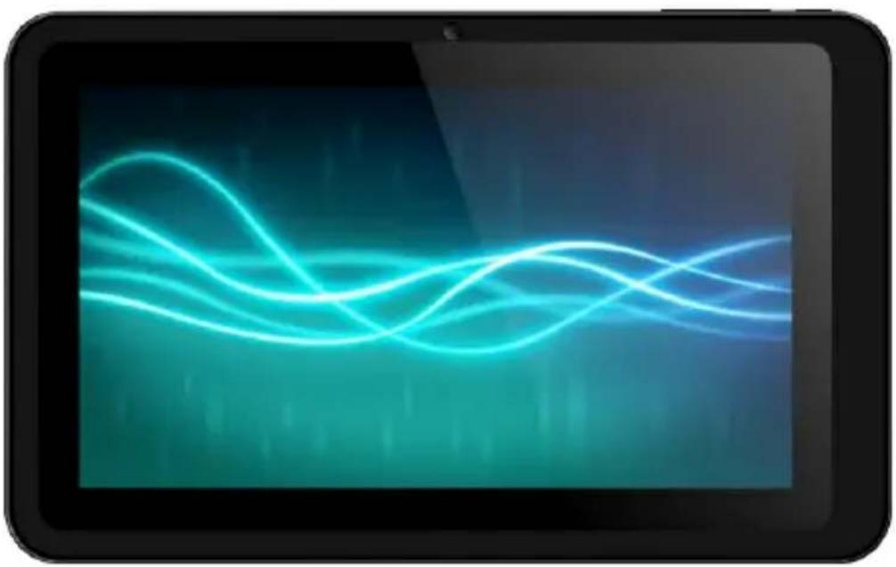 Digital tablet displaying a glowing blue wave pattern on a dark screen (no text or symbols visible)