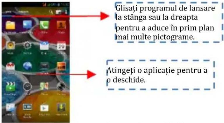 Glisați programul de lansare la stânga sau la dreapta pentru a aduce în prim plan mai multe pictograme. Atingeți o aplicăție pentru a o deschide.