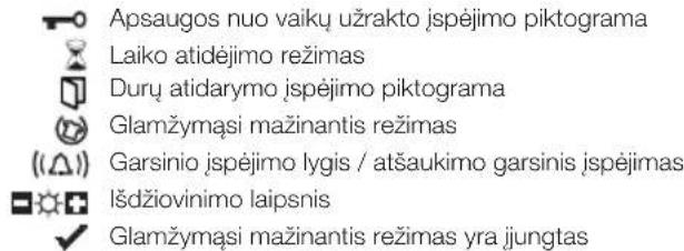 Apsaugos nuo vaikų užrakto įspėjimo piktograma Laiko atidėjimo režimas Durų atidarymo įspėjimo piktograma Glamžymąsi mažinantis režimas (Garsinio įspėjimo lygis / atšaukimo garsinis įspėjimas) Išdžiovinimo laipsnis Glamžymąsi mažinantis režimas yra įjungtas