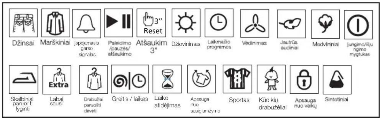 Džinsai Marškiniai Įspėjamasis garso signalas Paleidimo / pauzės / atšaukimo 3" Atšaukim 3" Džiovinimas Laikmačio programos Vėdinimas Jautrūs audiniai Medviliniai Įjungimo / išjungimo mygtukas Skalbiniai paruošti lyginimui Extra Labai sausi Drabužiai paruošti dėvėti Greitis / laikas Laiko atidėjimas…