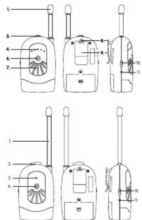 Technical diagram of a walkie-talkie with labeled parts and numbered parts
