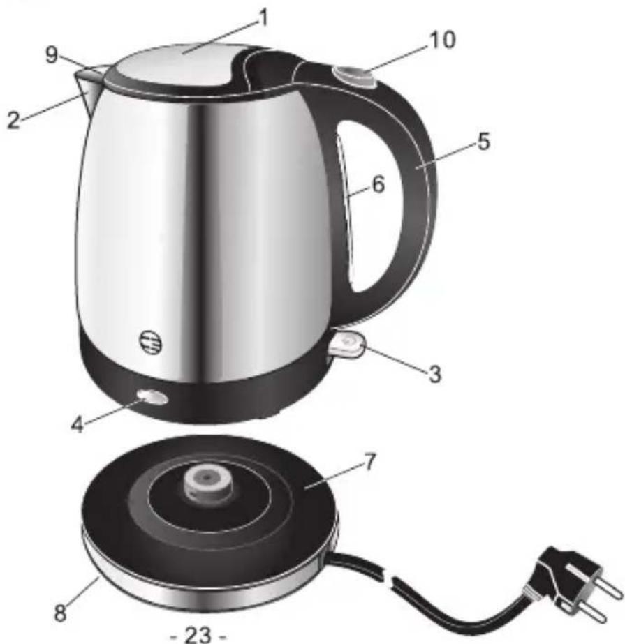 Labeled diagram of a stainless steel coffee kettle and its internal components, showing numbered parts from 1 to 23.