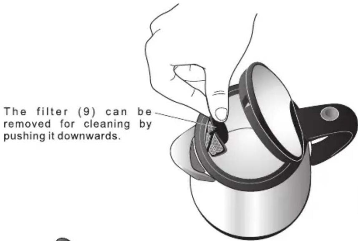 The filter (9) can be removed for cleaning by pushing it downwards.