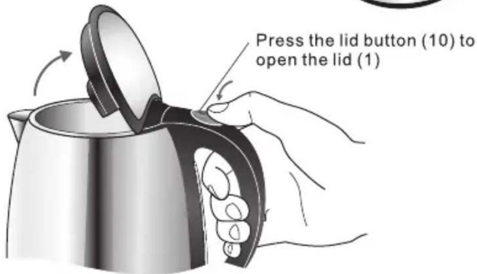 Press the lid button (10) to open the lid (1)