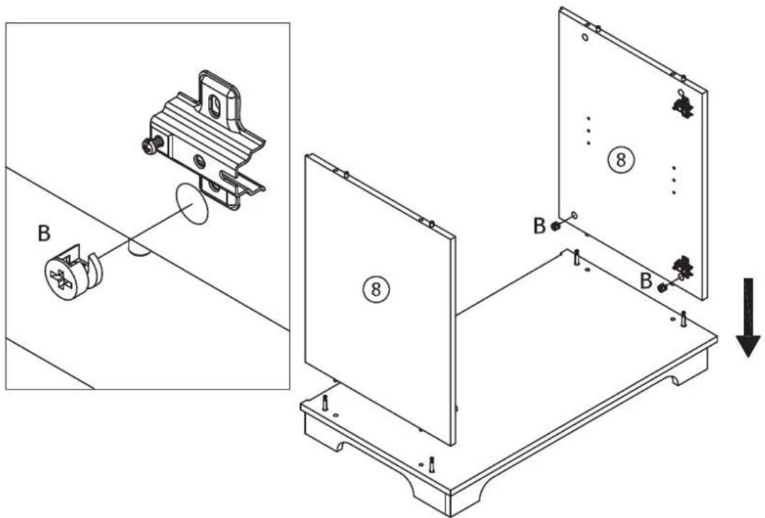 Technical diagram showing mechanical assembly with labeled components and a downward arrow indicating motion or assembly.
