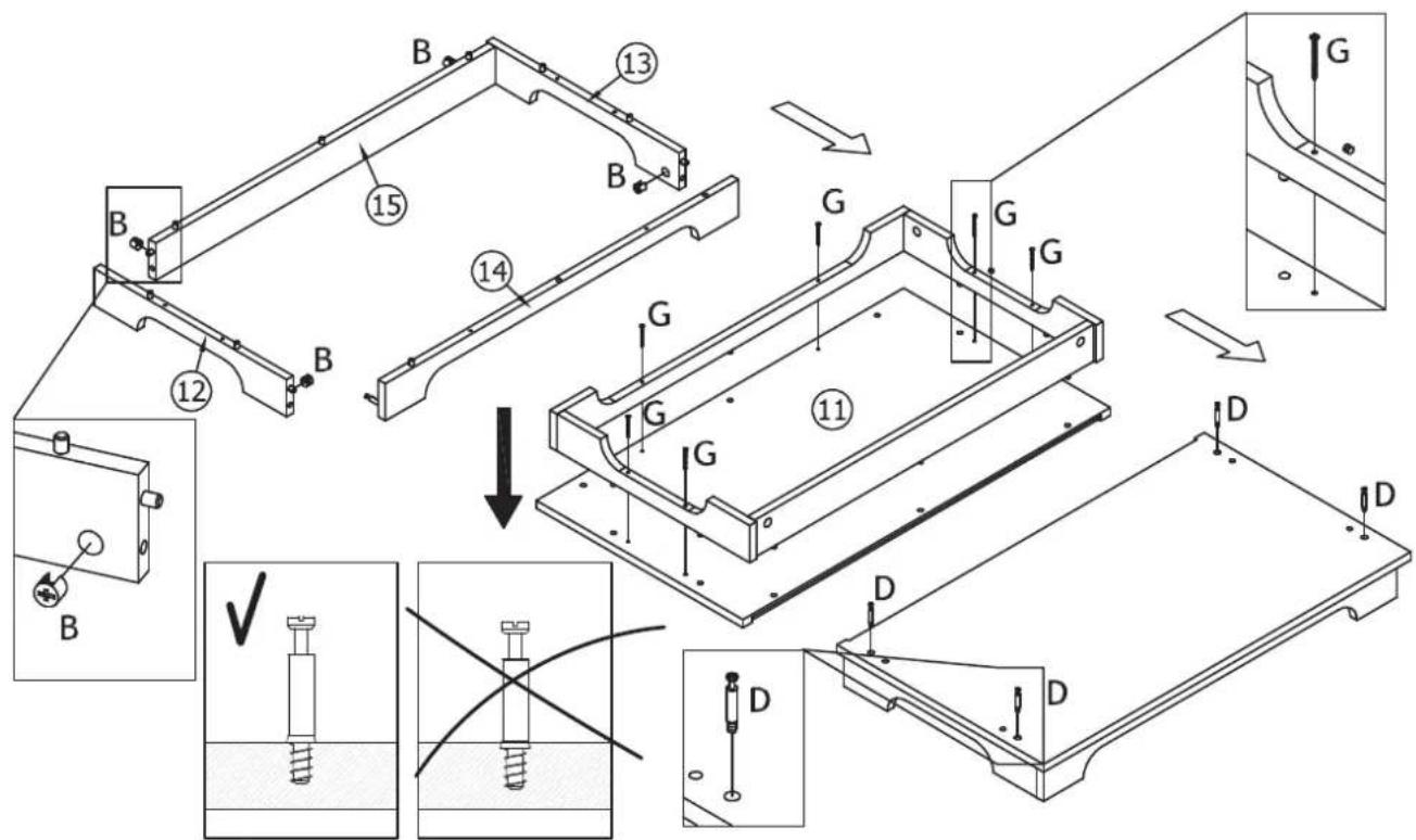 Technical diagram illustrating a mechanical assembly with labeled components (B, G, D) and detailed views of internal components.