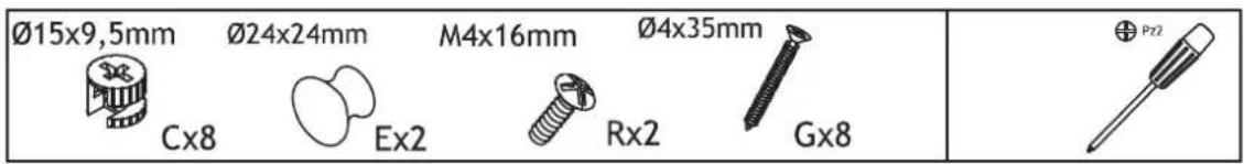 Ø15x9,5mm Ø24x24mm M4x16mm Ø4x35mm Cx8 Ex2 Rx2 Gx8 Pz2