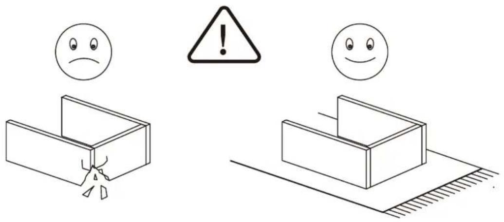 Safety warning illustration showing a person falling into a broken structure with an angry face and warning symbol