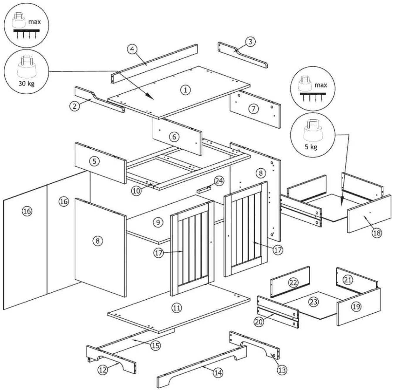 Exploded view diagram of a refrigerator assembly with numbered components and maximum weight annotations