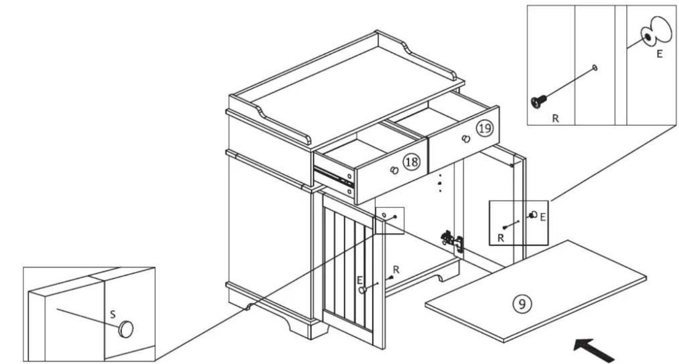 Technical diagram of a multi-level electronic device with labeled components and internal wiring, including inset views and component numbers.