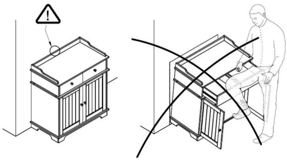 Technical diagram showing a firecracker cabinet with warning symbol and a person seated on a chair, illustrating safety or hazard.