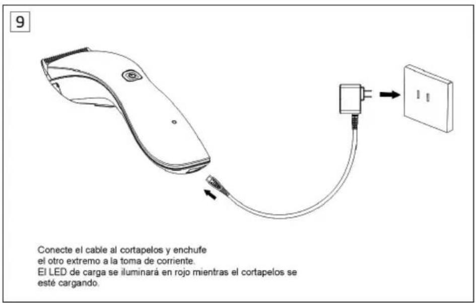 9 Conecte el cable al cortapelos y enchufe el otro extremo a la toma de corriente. El LED de carga se iluminará en rojo mientras el cortapelos se esté cargando.