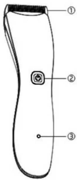 Diagram of a handheld device with labeled parts: handle, button, and base