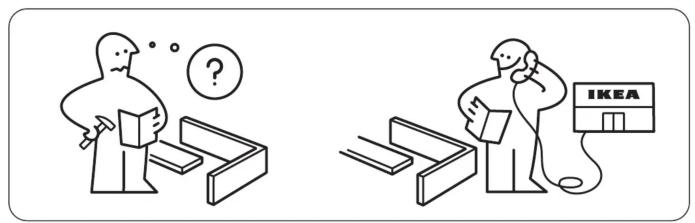 Illustration showing two scenes: a person confused while reading books, and a person talking on with a phone to an IKEA store.
