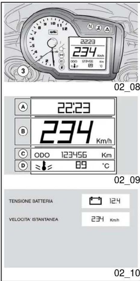 22:23 234 Km/h ODO 123456 Km ≤ 89 °C 02_08 A 22:23 B 234 Km/h C ODO 123456 Km D ≈ 89 °C 02_09 TENSIONE BATTERIA 12.4 VELOCITA' ISTANTANEA 234 Km/h 02_10