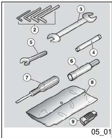 Exploded view diagram of a mechanical tool set with numbered parts for identification
