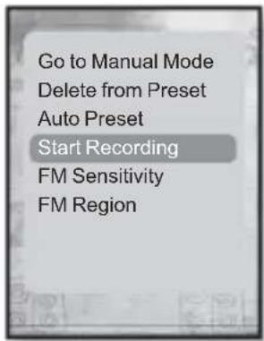 Go to Manual Mode Delete from Preset Auto Preset Start Recording FM Sensitivity FM Region