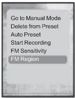 Go to Manual Mode Delete from Preset Auto Preset Start Recording FM Sensitivity FM Region