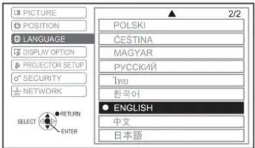 PICTURE POSITION LANGUAGE DISPLAY OPTION PROJECTOR SETUP SECURITY NETWORK SELECT RETURN ENTER 2/2 POLSKI ČESTINA MAGYAR РУССКИЙ الله 한국어 ● ENGLISH 中文 日本語