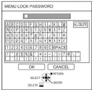 MENU LOCK PASSWORD A B C D E F G H I J K L M N O P Q R S T U V W X Y Z a b c d e f g h i j k l m n o p q r s t u v w x y z 1 2 3 4 5 6 7 8 9 0 SPACE I " # $ % & " * + - / = ? @ \ " . " ( ) < [ ] [ ] . . . OK CANCEL SELECT RETURN DELETE ENTER