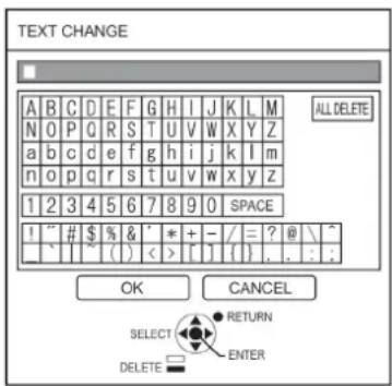 TEXT CHANGE A B C D E F G H I J K L M N O P Q R S T U V W X Y Z a b c d e f g h i j k l m n o p q r s t u v w x y z 1 2 3 4 5 6 7 8 9 0 SPACE I " # $ % & ' * + - / = ? @ \ / " " (= ) < [ ] { } . . : . OK CANCEL SELECT RETURN DELETE ENTER