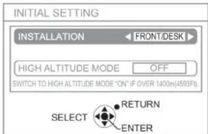 INITIAL SETTING INSTALLATION FRONT/DESK HIGH ALTITUDE MODE OFF SWITCH TO HIGH ALTITUDE MODE "ON" IF OVER 1400m(4593F) SELECT RETURN ENTER