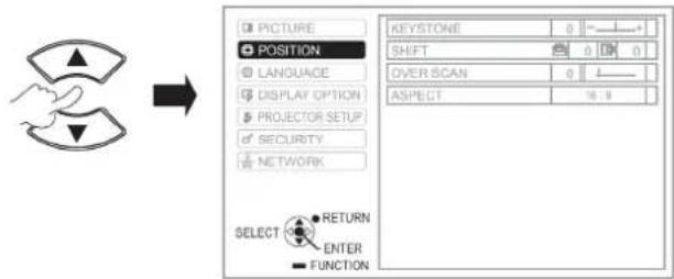 PICTURE POSITION LANGUAGE DISPLAY OPTION PROJECTOR SETUP SECURITY NETWORK SELECT RETURN ENTER FUNCTION KEYSTONE 0 SHIFT 0 0 OVER SCAN 0 ASPECT 16.8