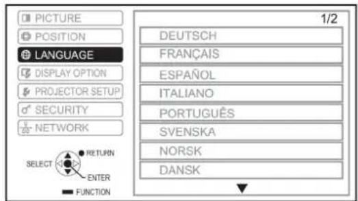 PICTURE POSITION LANGUAGE DISPLAY OPTION PROJECTOR SETUP SECURITY NETWORK SELECT RETURN ENTER FUNCTION 1/2 DEUTSCH FRANÇAIS ESPAÑOL ITALIANO PORTUGUÊS SVENSKA NORSK DANSK