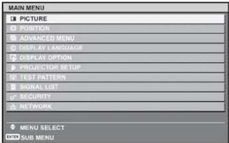 MAIN MENU PICTURE POSITION ADVANCED MENU DISPLAY LANGUAGE DISPLAY OPTION PROJECTOR SETUP TEST PATTERN SIGNAL LIST SECURITY NETWORK MENU SELECT ENTER SUB MENU