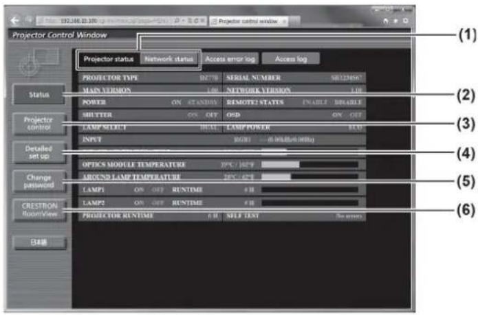 Projector Control Window Projector status Network status Access error log Access log PROJECTOR TYPE 107.78 SERIAL NUMBER 581124501 MAIN VERSION ON NETWORK VERSION 1.00 POWER ON STANDAY REMOTE STATUS ENABLE BEARLE SHUTTER ON OFF OSD ON OFF LAMP SLOCF NULL LAMP POWER NULL INPUT MOUNT IN MILLBtu (MBtu) OPTICS MODULE TEMPERATURE 2P/C/142°F ROUND LAMP TEMPERATURE 2P/C/142°F LAMP1 ON OFF RUNTIME # H LAMP2 ON OFF RUNTIME # H PROJECTOR RUNTIME 0 H SELF TEST Stop errors Status Projector control Detailed set up Change password CRESTION Room/View BAM