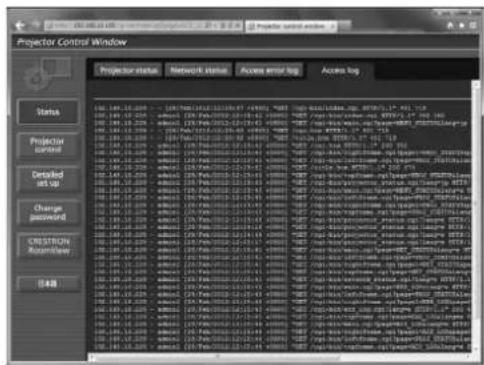Projector Control Window Projector status Network status Access error log Access log Status Projector control Detailed log Change password CRESTORS Recovery 048
