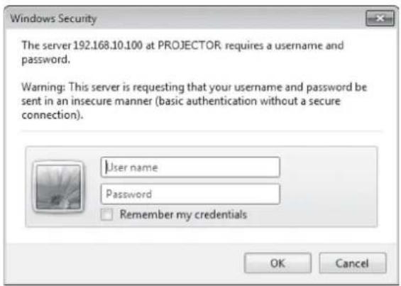 Windows Security The server 192.168.10.100 at PROJECTOR, requires a username and password. Warning: This server is requesting that your username and password be sent in an insecure manner (basic authentication without a secure connection). User name Password Remember my credentials OK Cancel