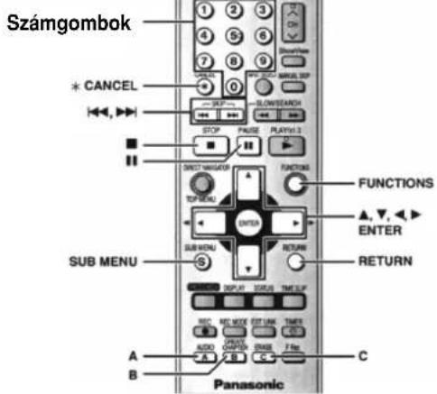 Számgombok + CANCEL STOP FAUSE PLAYING FUNCTIONS ▲, ▼, ← ENTER SUB MENU RETURN A B Panasonic C