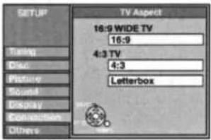 SETUP TV Aspect 16:9 WIDE TV 16:9 4:3 TV 4:3 Letterbox Timing Dial Picture Sound Display Extraction Others