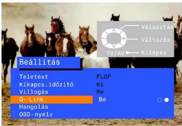 Beállítás Teletext FLOF Kikapcs.időzitő Ki Villogás Be Q--Link Be Hangolás OSD-nyelv