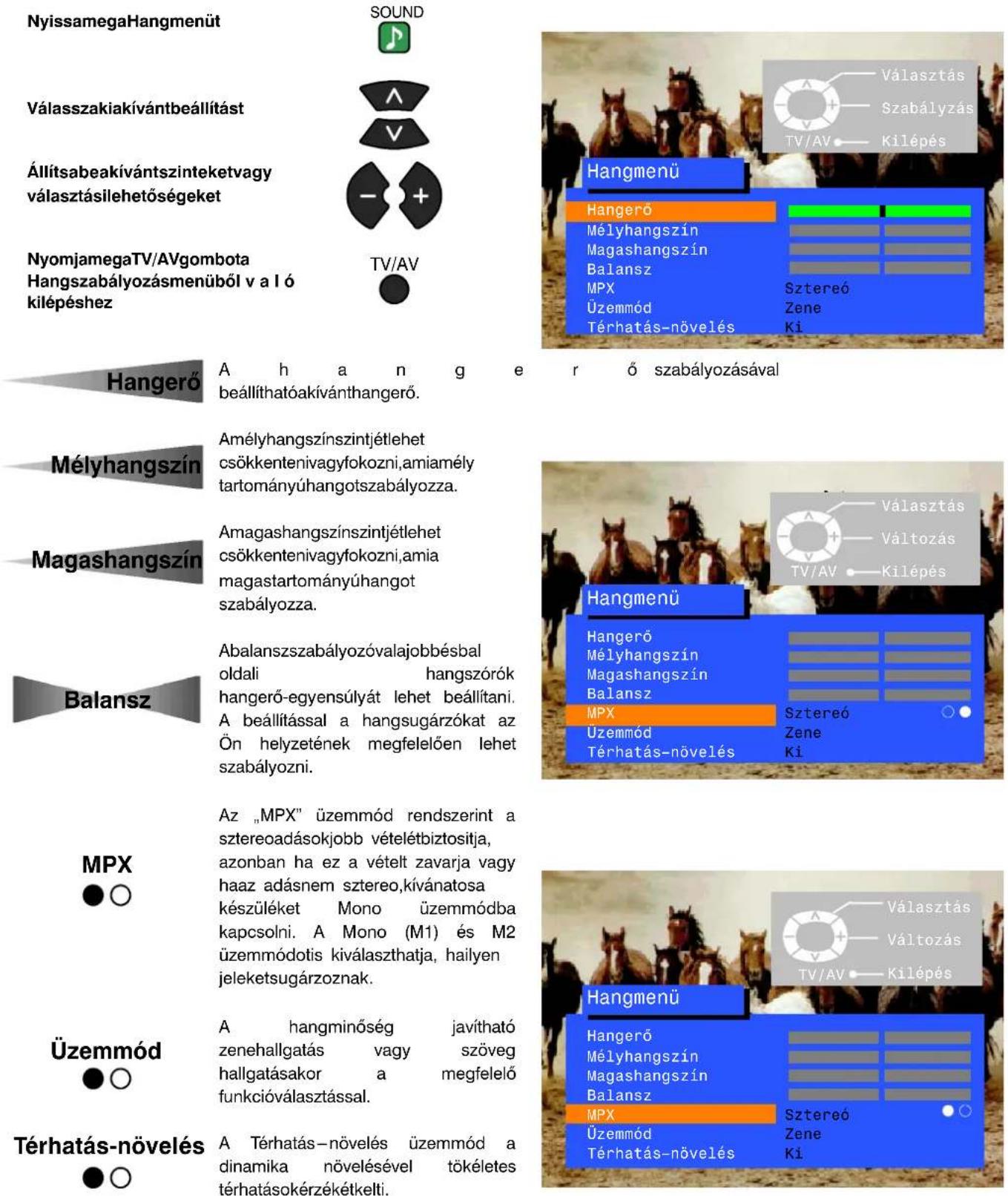 NyissamegaHangmenüt SOUND Válasszakiakívántbeállítást Állítsabeakívántszinteketvagy választásilehetőségeket NyomjamegaTV/AVgombota Hangszabályozásmenüből v a l ó kilépéshez TV/AV Hangmenü Hangeró Mélyhangszín Magashangszín Balansz MPX Üzemmód Térhatás-növelés Szteréő Zene Ki Választás Szabályzás TV/…