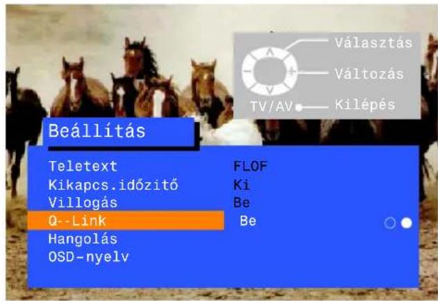 Választás Változás TV/AV Kilépés Beállítás Teletext FLOF Kikapcs.időzitő Ki Villogás Be Q--Link Be Hangolás OSD-nyelv