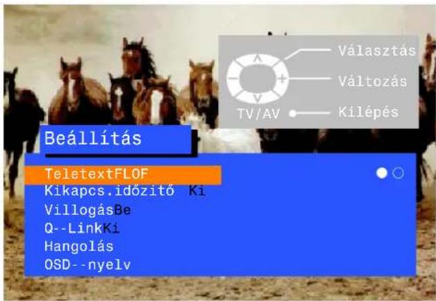 Választás Változás TV/AV Kilépés Beállítás TeletextFLOF Kikapcs.időzítő Ki VillogásBe Q--LinkKi Hangolás OSD--nyely
