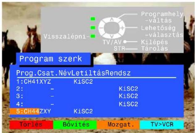 Visszalépni- Program hely -váltás Lehetőség -választás Kilépés STR- Tárolás Program szerk Prog.Csat.NévLetiltásRendsz 1:CH41XYZ KiSC2 2: - KiSC2 3: - KiSC2 4: - KiSC2 5:CH44ZXY KiSC2 Törles Bővítés Mozgat. TV>VCR