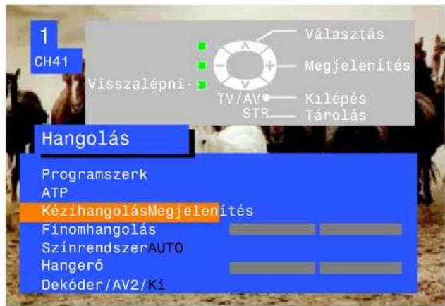 1 CH41 Választás Megjelenítés Visszalépni- TV/AV Kilépés STR Tárolás Hangolás Programszerk ATP KézihangolásMegjelenítés Finomhangolás SzínrendszerAUTO Hangerő Dekóder/AV2/Ki