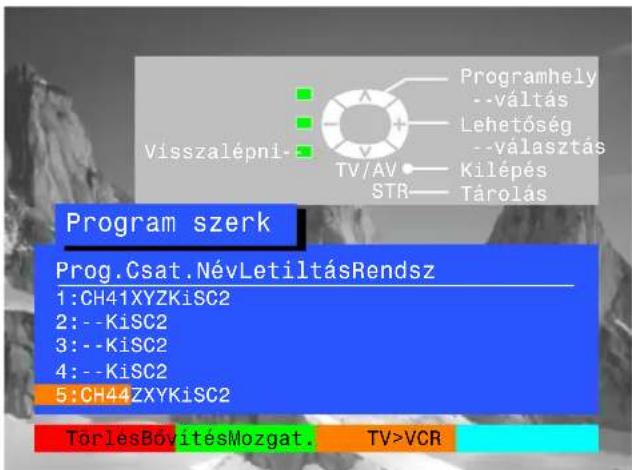 Visszalépni Program hely --váltás Lehetőség --választás Kilépés STR Tárolás Program szerk Prog.Csat.NévLetiltásRendsz 1:CH41XYZKiSC2 2:--KiSC2 3:--KiSC2 4:--KiSC2 5:CH44ZXYKiSC2 TorlesBővítésMozgat. TV>VCR