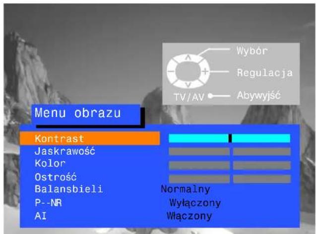 Menu obrazu Kontrast Jaskrawość Kolor Ostrość Balansbieli P--NR AI Wybór Regulacja TV/AV Abywyjść Normalny Wyłączony Włączony