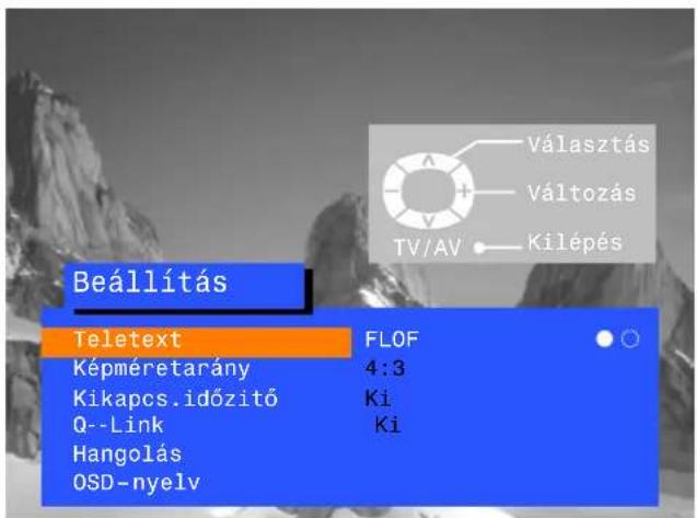 Beállítás Teletext FLOF Képméretarány 4:3 Kikapcs.időzitő Ki Q--Link Ki Hangolás OSD-nyelv