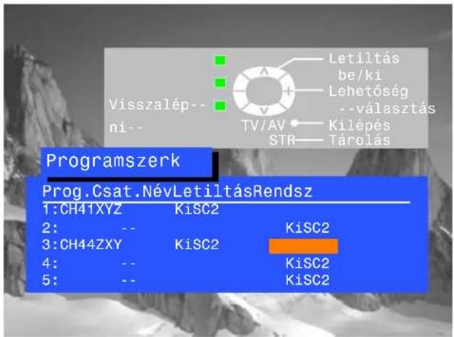 Visszalép-- ni-- Programszerk Prog.Csat.NévLetiltásRendsz 1:CH41XYZ KiSC2 2: -- KiSC2 3:CH44ZXY KiSC2 4: -- KiSC2 5: -- KiSC2