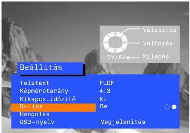 Választás Változás TV/AV Kilépés Beállítás Teletext FLOF Képméretarány 4:3 Kikapcs.időzítő Ki Q-Link Be Hangolás OSD-nyelv Megjelenítés