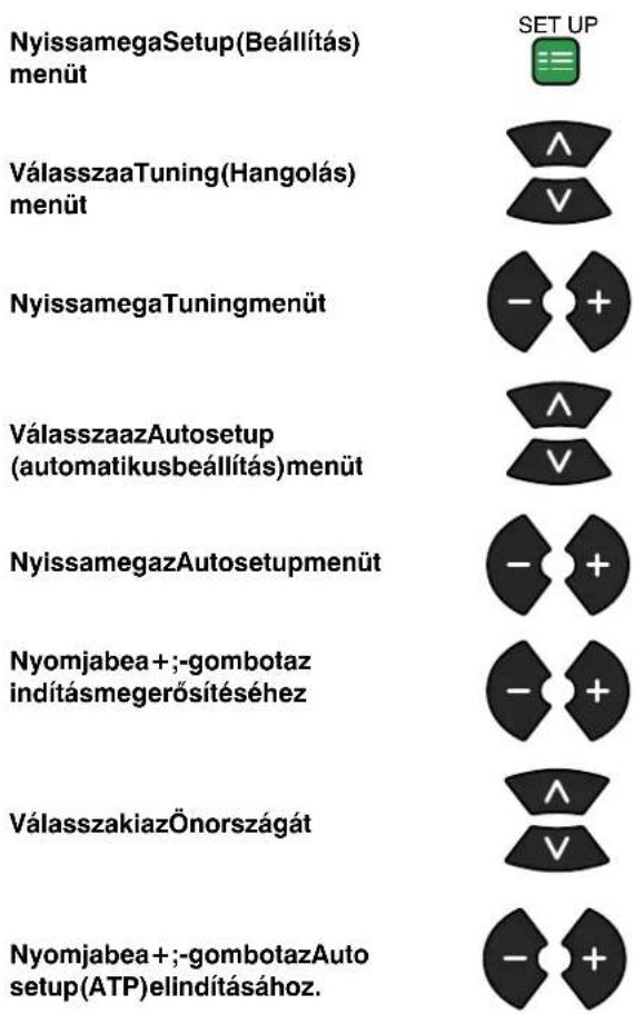 NyissamegaSetup(Beállítás) menüt VálasszaaTuning(Hangolás) menüt NyissamegaTuningmenüt VálasszaazAutosetup (automatikusbeállítás)menüt NyissamegazAutosetupmenüt Nyomjabea+;-gombotaz indításmegerősítéséhez VálasszakiazÖnországát Nyomjabea+;-gombotazAuto setup(ATP)elindításához. SET UP