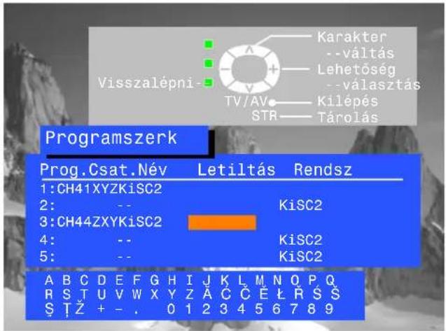 Visszalépni- Karakter --váltás Lehetőség --választás TV/AV Kilépés STR Tárolás Programszerk Prog.Csat.Név Letiltás Rendsz 1:CH41XYZKiSC2 2: -- KiSC2 3:CH44ZXYKiSC2 4: -- KiSC2 5: -- KiSC2 A B C D E F G H I J K L M N Q P Q R S T U V W X Y Z A C C E L R S S S T Z + - . 0 1 2 3 4 5 6 7 8 9